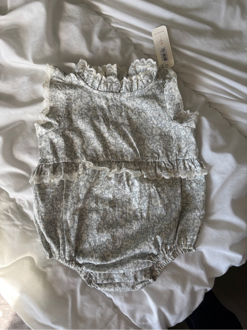 Floral Lace-Trim Baby One-Piece Romper in Light Gray and White